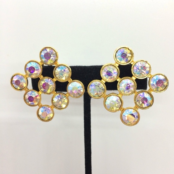 VINTAGE 80S DIAMOND SHAPE GRID LARGE PARTY AURORA BOREALIS CLIP ON EARRINGS - Picture 6 of 17